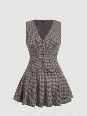 SHEIN Black & White Houndstooth Vest Skirt Set